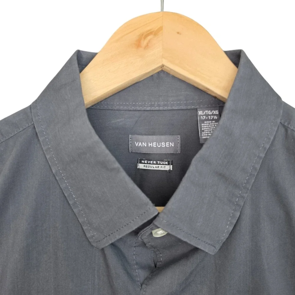 Van Heusen Dress Shirt Mens XL 17-17.5 Gray Button Never Tuck Regular Fit Career